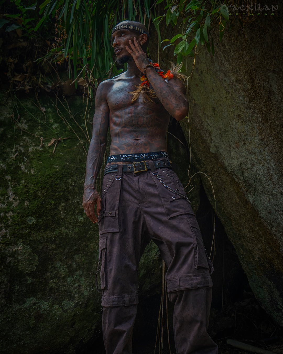 Pants Men Baggy Pockets / Cotton Printed - Brown MAYAN CODEX