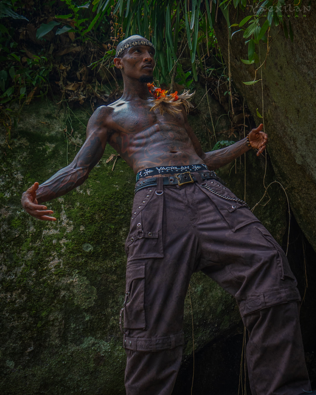 Pants Men Baggy Pockets / Cotton Printed - Brown MAYAN CODEX