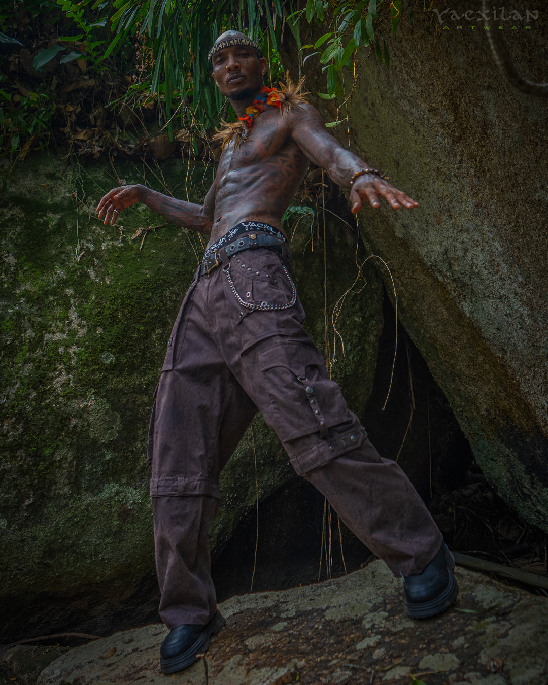 Pants Men Baggy Pockets / Cotton Printed - Brown MAYAN CODEX