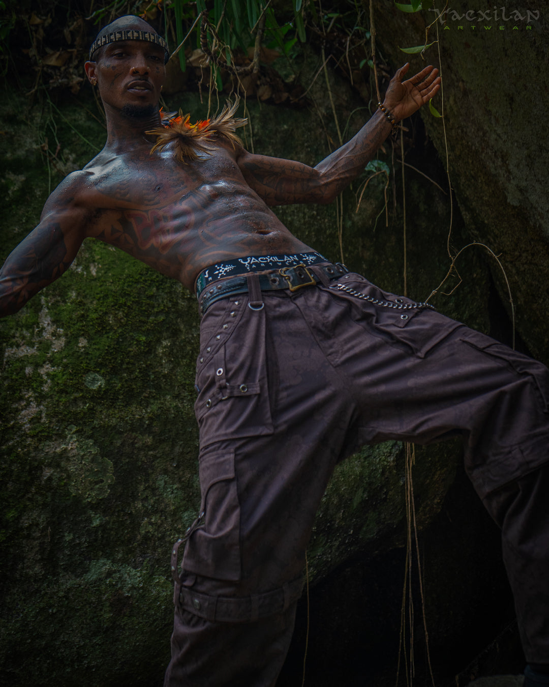 Pants Men Baggy Pockets / Cotton Printed - Brown MAYAN CODEX