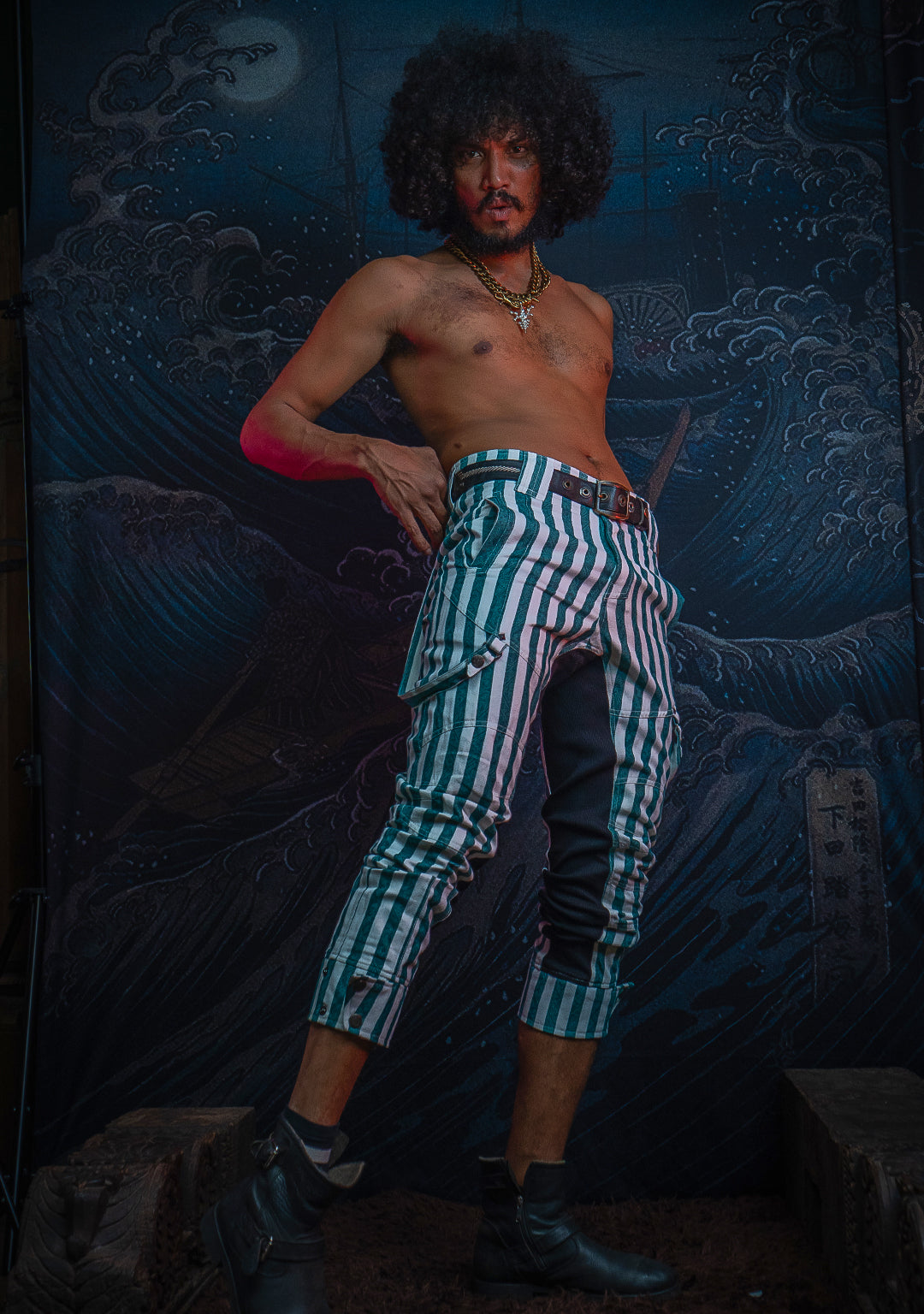 Pants Men / Pirate Stripped Cotton Discharge - GREEN CIRKUS FREAKS