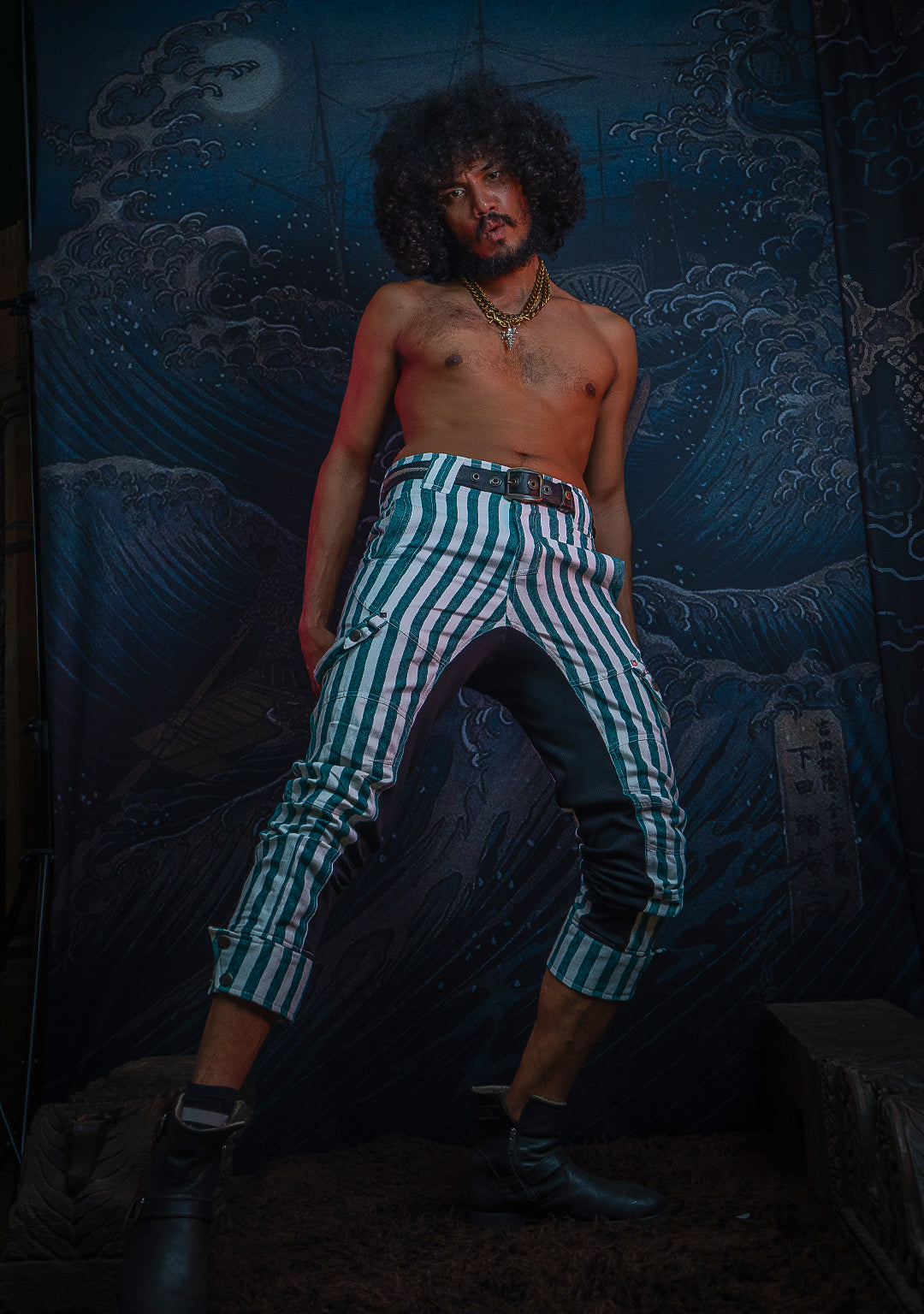 Pants Men / Pirate Stripped Cotton Discharge - GREEN CIRKUS FREAKS