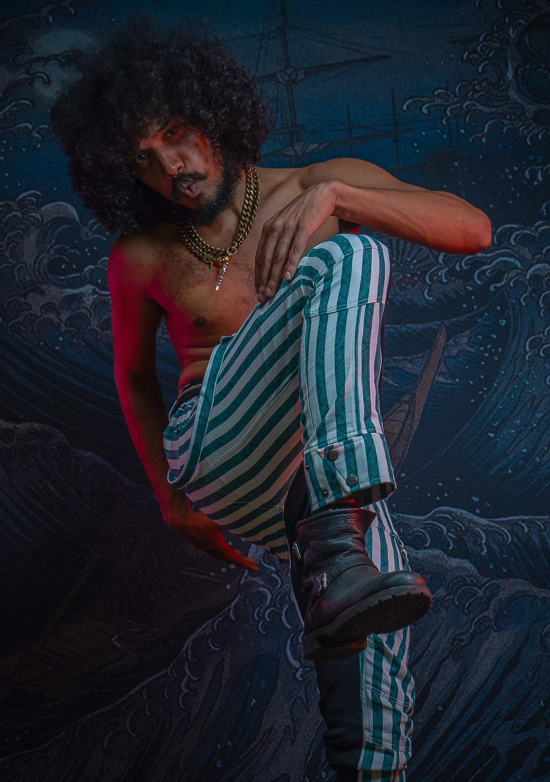 Pants Men / Pirate Stripped Cotton Discharge - GREEN CIRKUS FREAKS