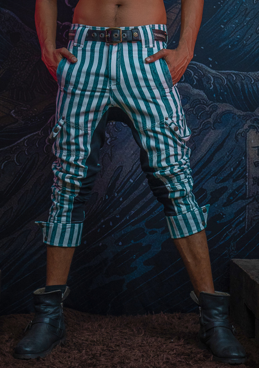 Pants Men / Pirate Stripped Cotton Discharge - GREEN CIRKUS FREAKS