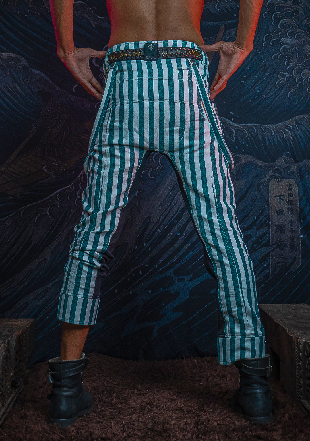 Pants Men / Pirate Stripped Cotton Discharge - GREEN CIRKUS FREAKS