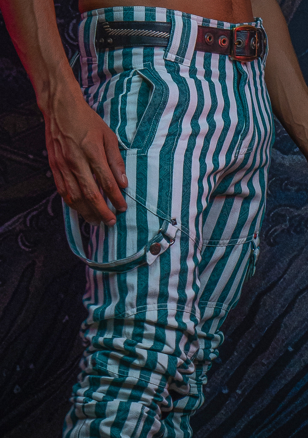 Pants Men / Pirate Stripped Cotton Discharge - GREEN CIRKUS FREAKS