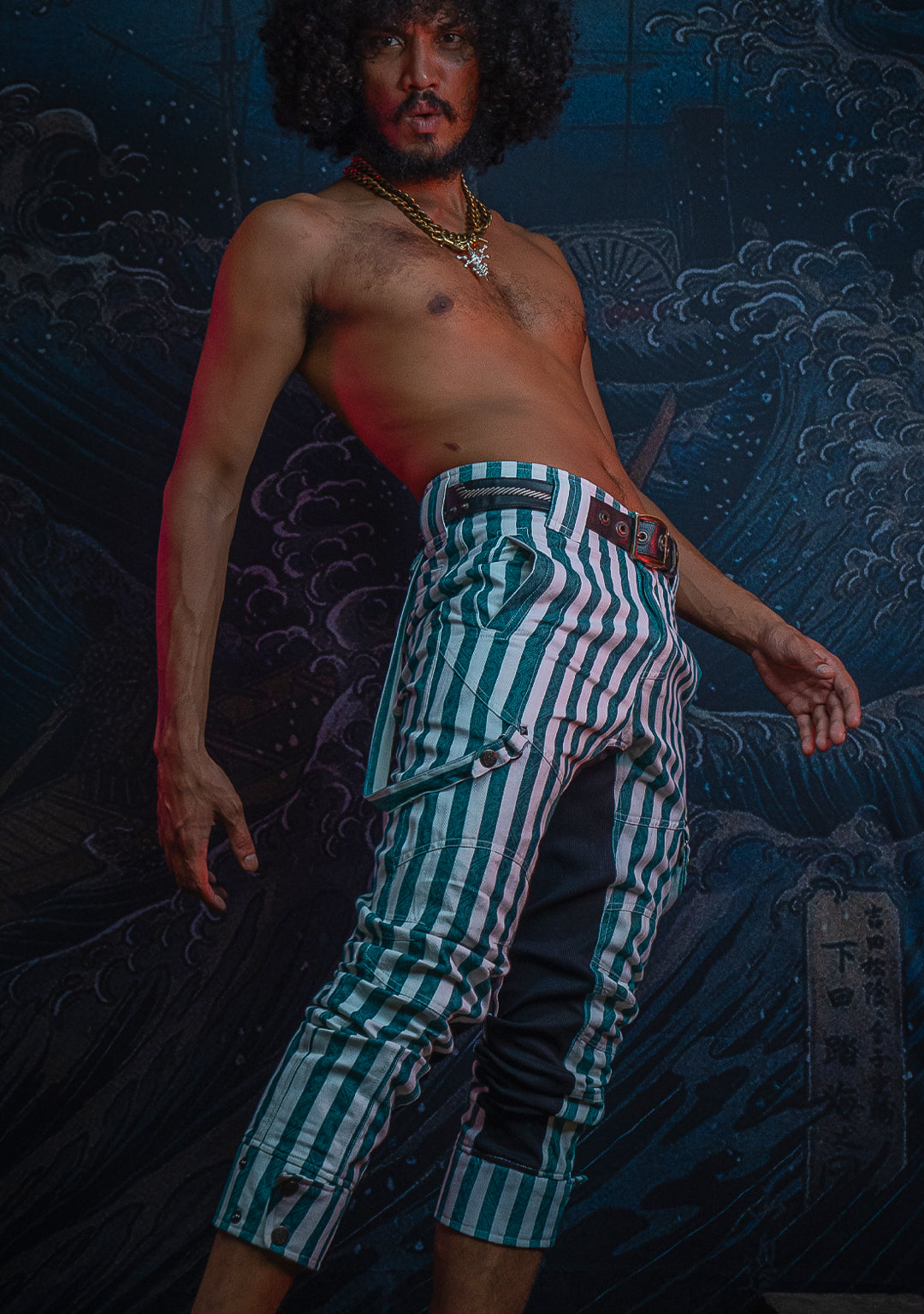 Pants Men / Pirate Stripped Cotton Discharge - GREEN CIRKUS FREAKS