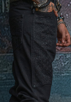 Pants Men / Denim Stretchy / Digital Embroidey / Stonewashed - Black KAMBOZII