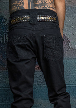 Pants Men / Denim Stretchy / Digital Embroidey / Stonewashed - Black KAMBOZII