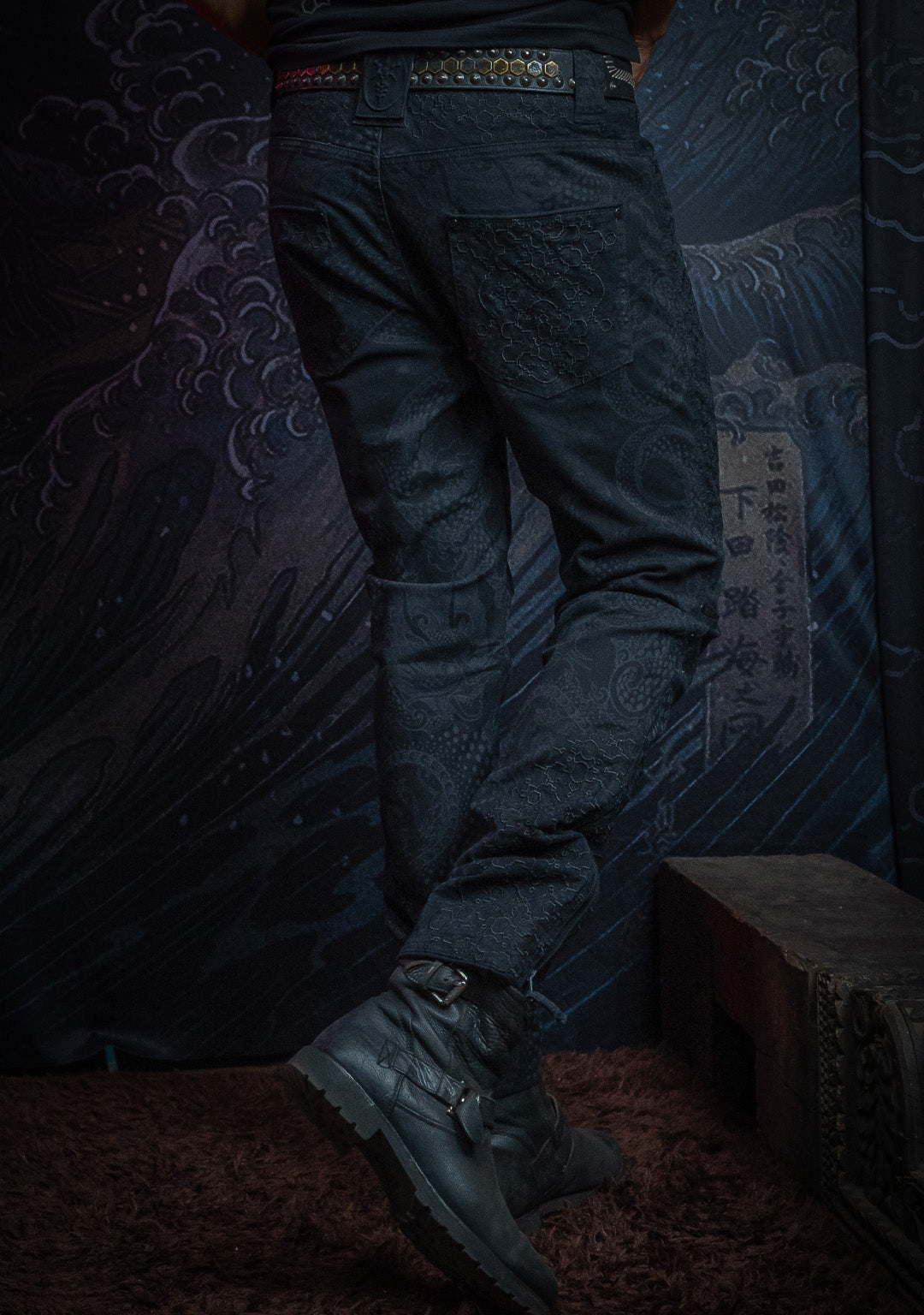 Pants Men / Denim Stretchy / Diigital Embroidery & Laser Print / Stonewashed - Black IKARO DRAGONS