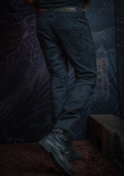 Pants Men / Denim Stretchy / Diigital Embroidery & Laser Print / Stonewashed - Black IKARO DRAGONS