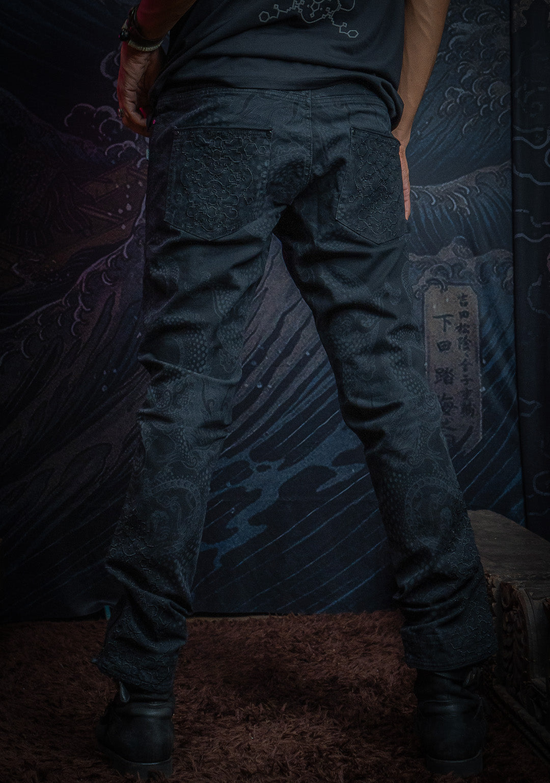 Pants Men / Denim Stretchy / Diigital Embroidery & Laser Print / Stonewashed - Black IKARO DRAGONS