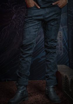 Pants Men / Denim Stretchy / Diigital Embroidery & Laser Print / Stonewashed - Black IKARO DRAGONS