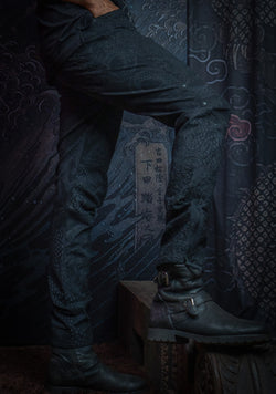 Pants Men / Denim Stretchy / Diigital Embroidery & Laser Print / Stonewashed - Black IKARO DRAGONS