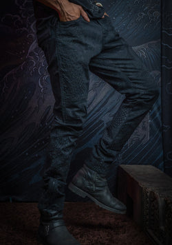 Pants Men / Denim Stretchy / Diigital Embroidery & Laser Print / Stonewashed - Black IKARO DRAGONS