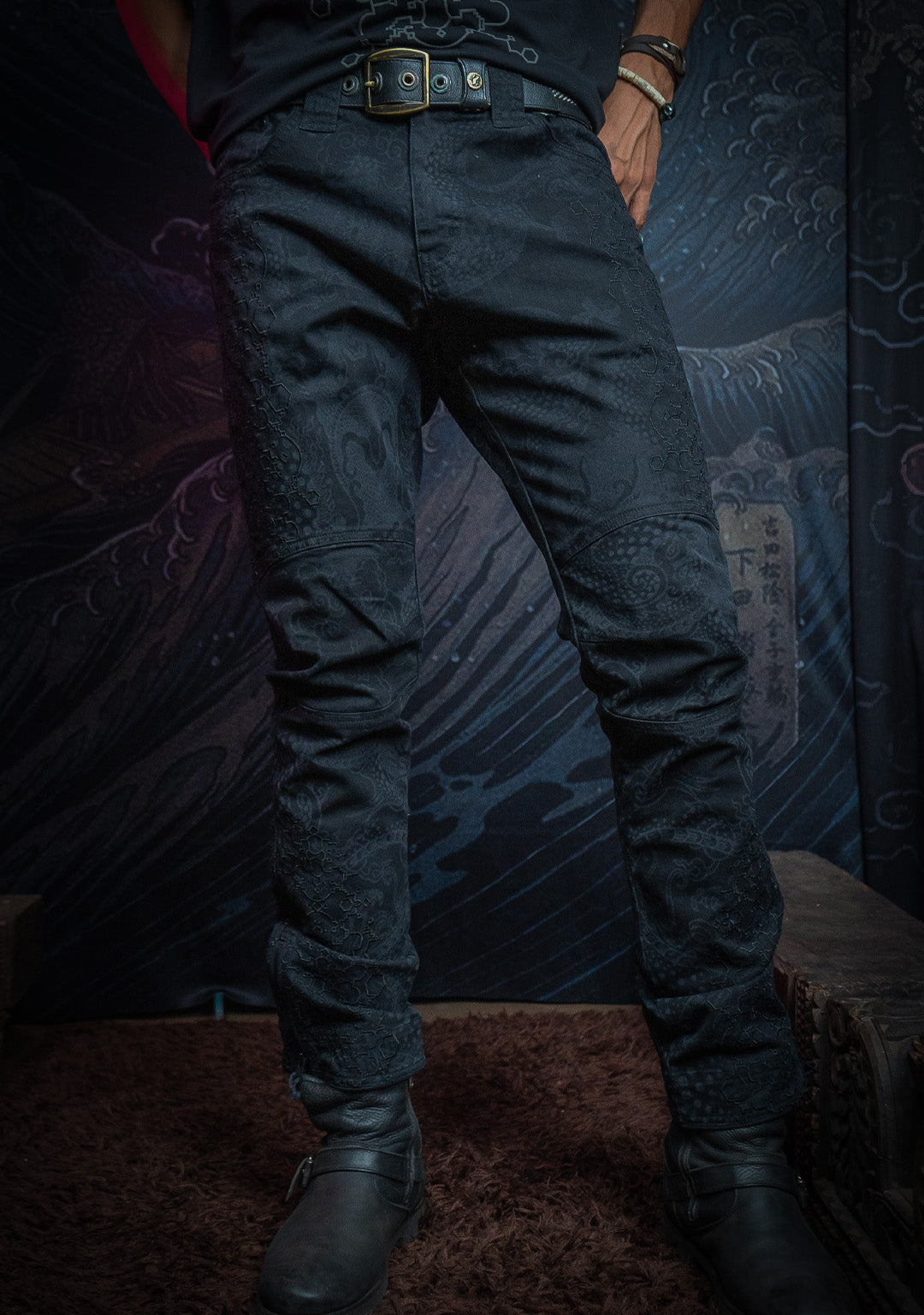 Pants Men / Denim Stretchy / Diigital Embroidery & Laser Print / Stonewashed - Black IKARO DRAGONS