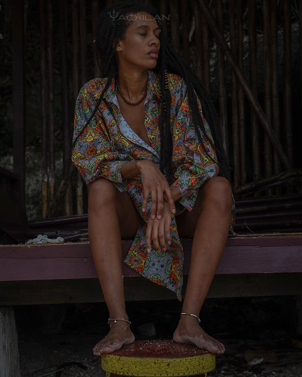 Shirt Woman Longsleeve Piratechic / Cotton Popeline - PAKAL'S GOLD - Yacxilan Artwear