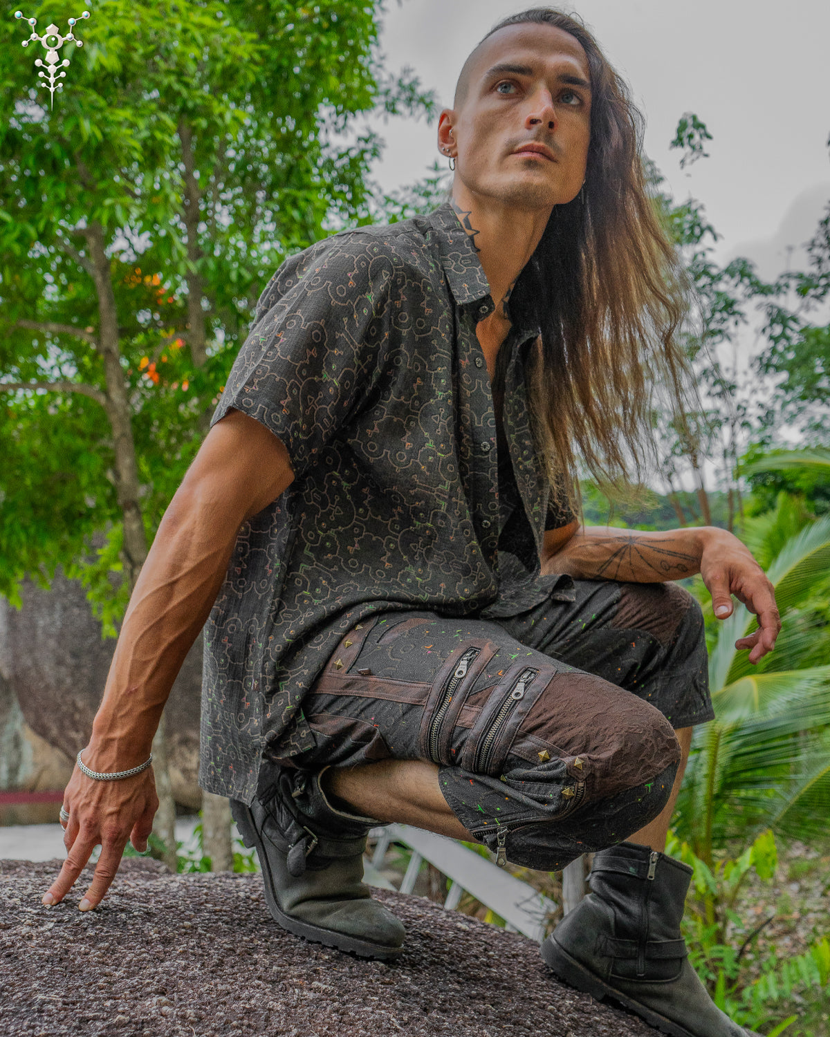 Shirt Men Half Sleeves / Bio Farms Organic BAMBOO - Squares REBIRTH OF IKARO Forest