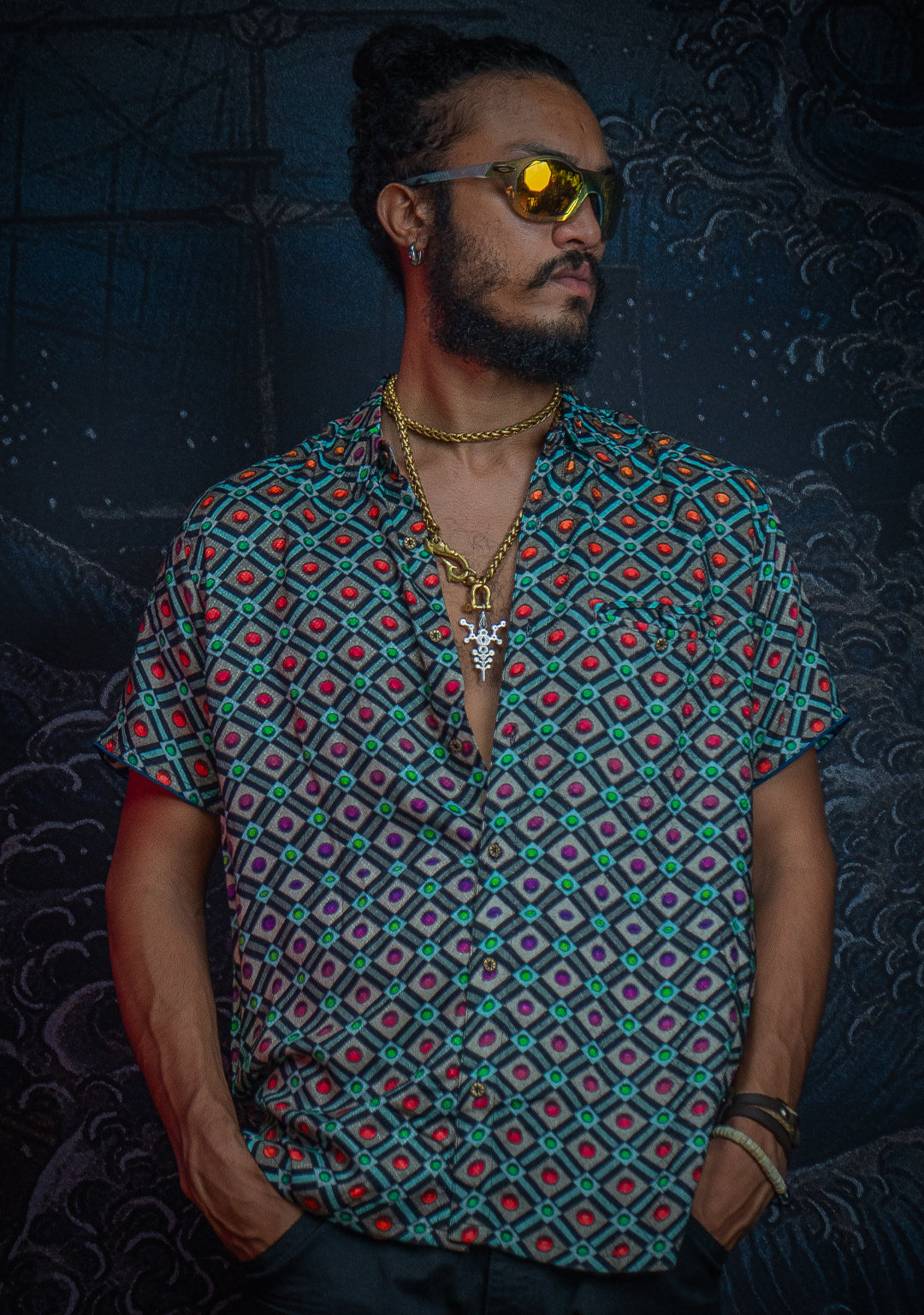 Shirt Men Half Sleeves / Viscose Diamond Weave- STRABERRY ICE