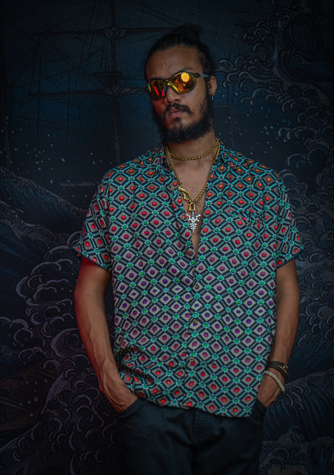 Shirt Men Half Sleeves / Viscose Diamond Weave- STRABERRY ICE