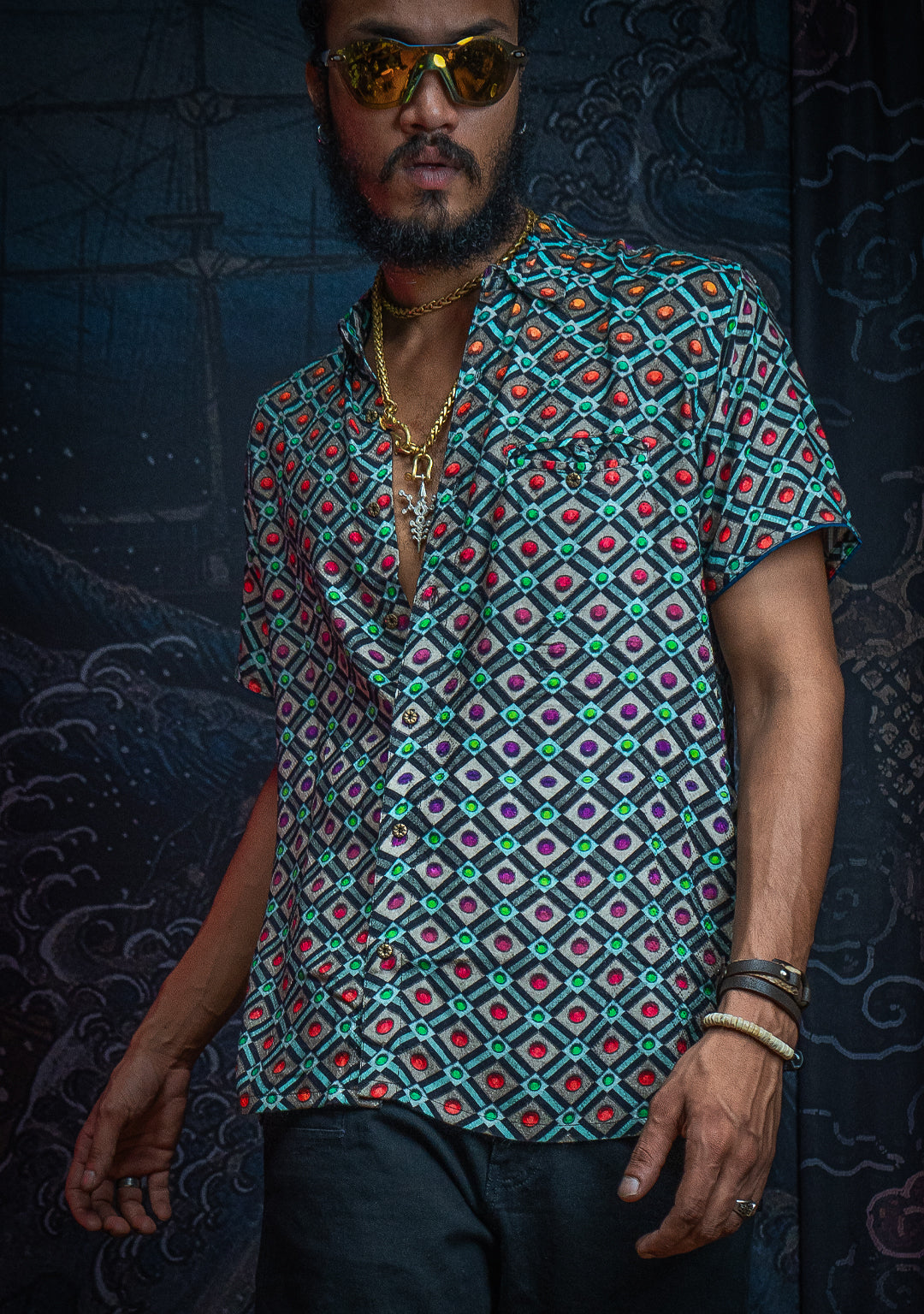 Shirt Men Half Sleeves / Viscose Diamond Weave- STRABERRY ICE