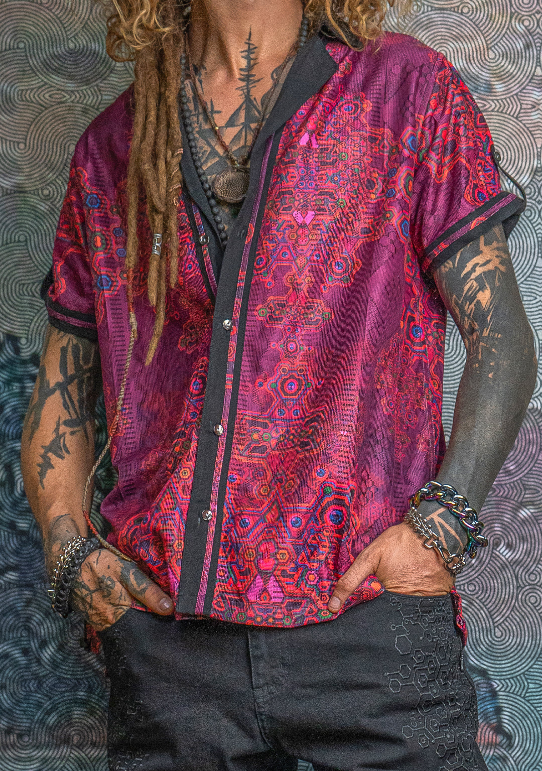 Shirt Men DOLCE Half Sleeves / Lace Black Broder  - Pink DEMETRIO