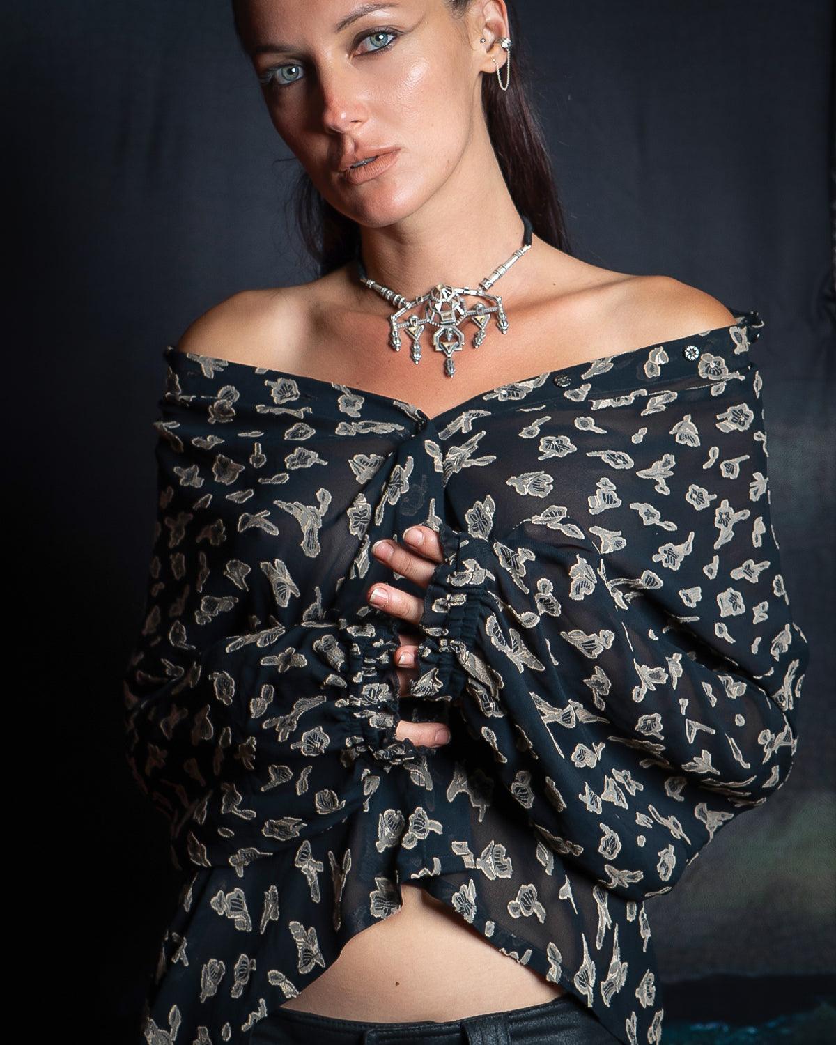 Shirt Woman Long Sleeves Frufru / Japanese Uragiri - BLACK FLOWER - Yacxilan Artwear