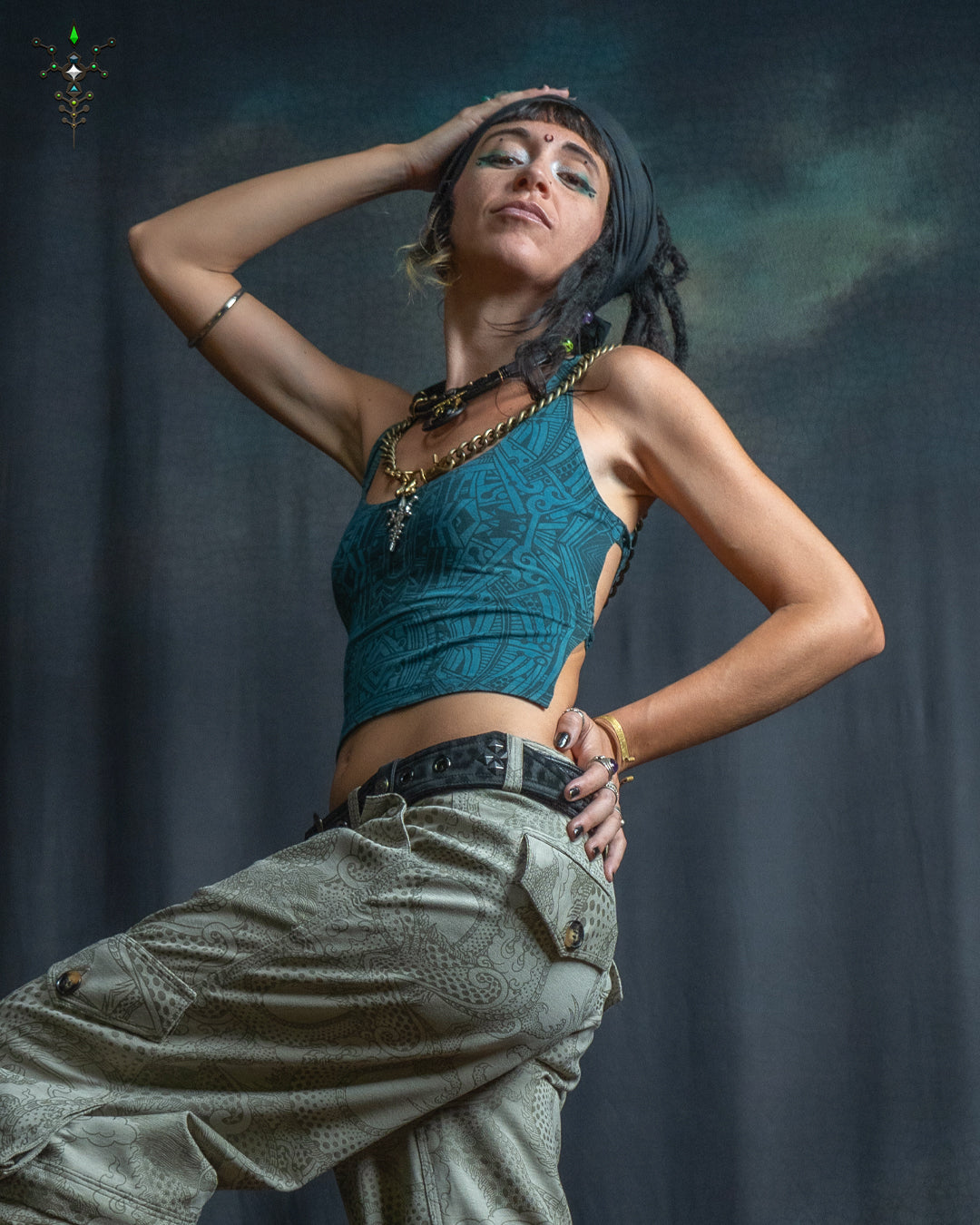 Woman Crop Top Open Back / Bamboo Jersey Veg Dye Veg Print - Greendigo POPPYFIELDS