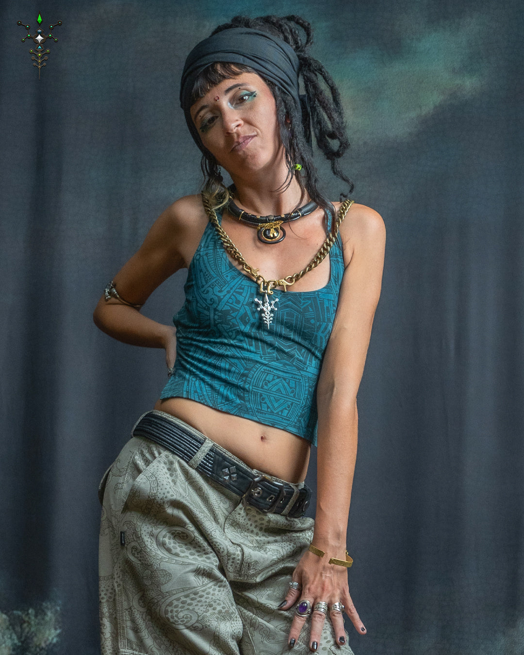 Woman Crop Top Open Back / Bamboo Jersey Veg Dye Veg Print - Greendigo POPPYFIELDS