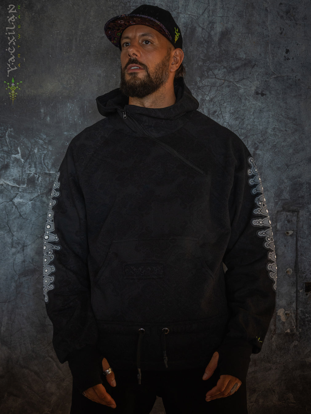 Hoodie Men Pullover / Cotton Fleece - MAYAN CODEX GALACTIK SPINE