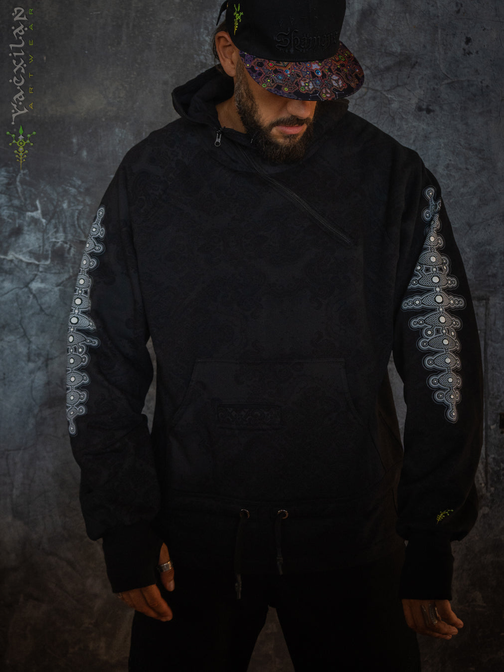 Hoodie Men Pullover / Cotton Fleece - MAYAN CODEX GALACTIK SPINE