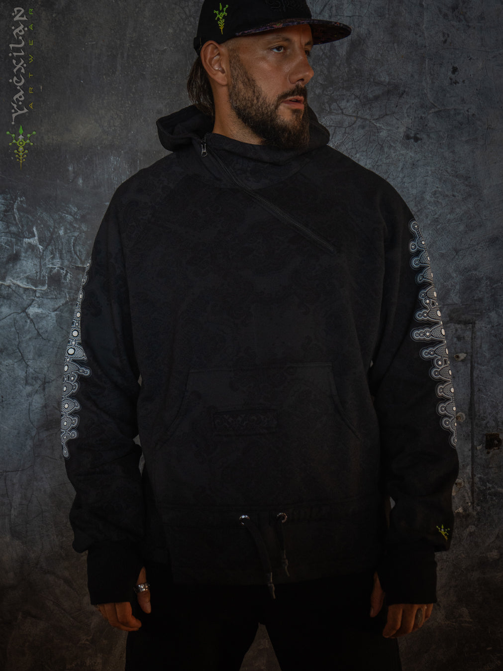 Hoodie Men Pullover / Cotton Fleece - MAYAN CODEX GALACTIK SPINE
