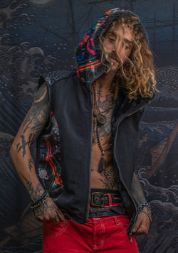 Sleeveless Jacket Men / Printed Satin Ultra Polar - NATARAJ Black