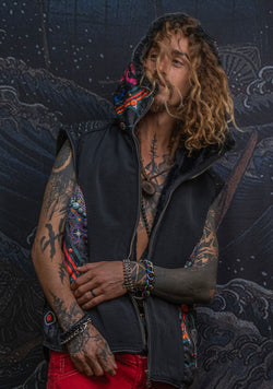 Sleeveless Jacket Men / Printed Satin Ultra Polar - NATARAJ Black