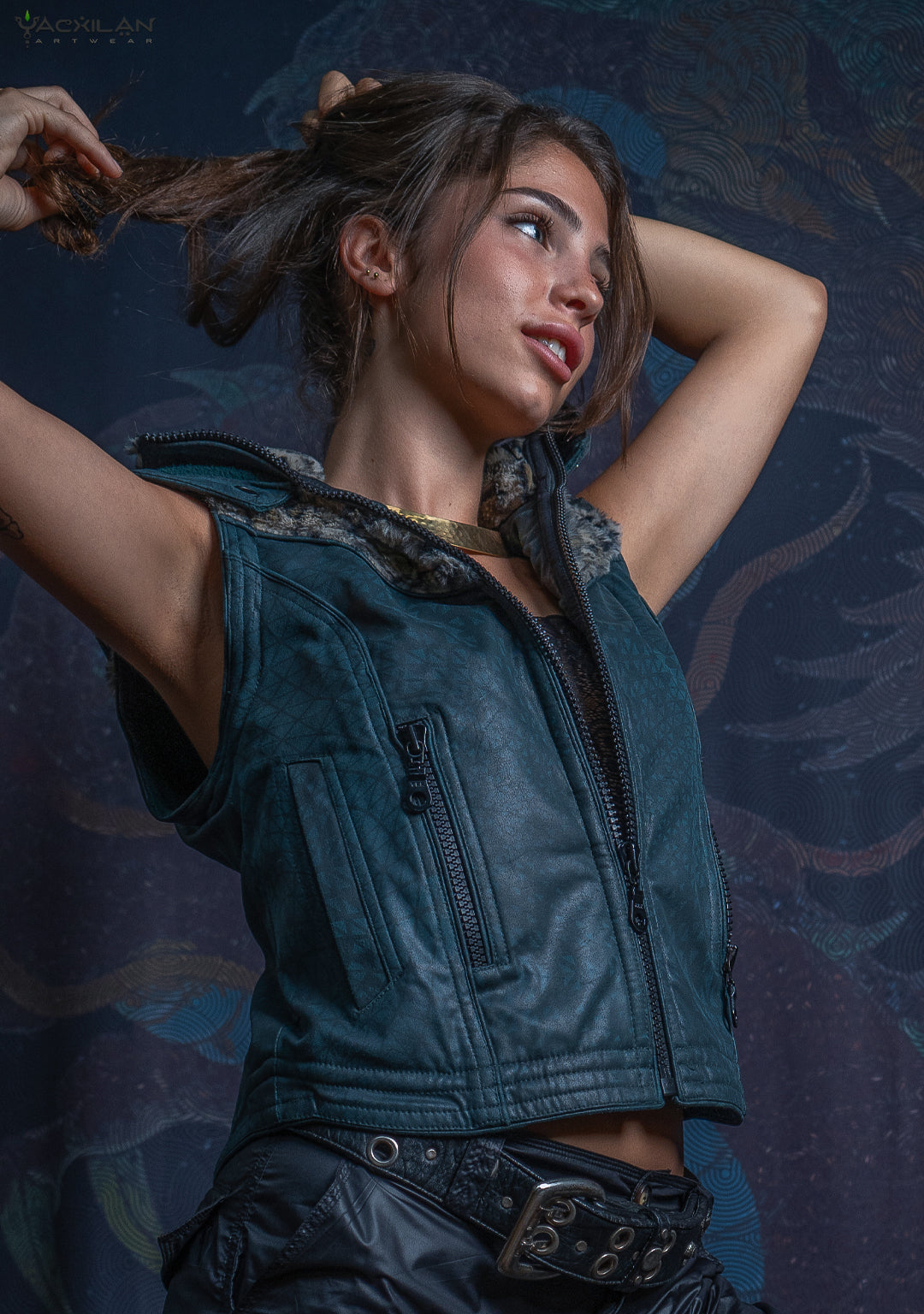 Hooded Sleeveless Jacket Woman / Fake Leather & Fur - Bottlegreen DESINTEGRATION Leopard