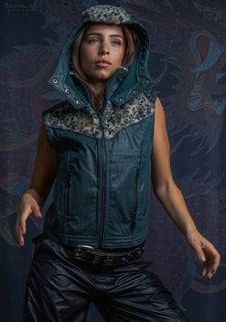 Hooded Sleeveless Jacket Woman / Fake Leather & Fur - Bottlegreen DESINTEGRATION Leopard