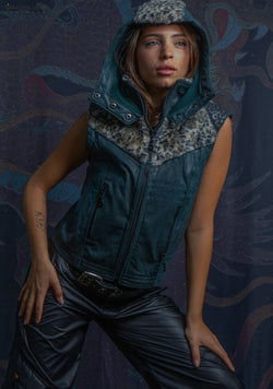 Hooded Sleeveless Jacket Woman / Fake Leather & Fur - Bottlegreen DESINTEGRATION Leopard