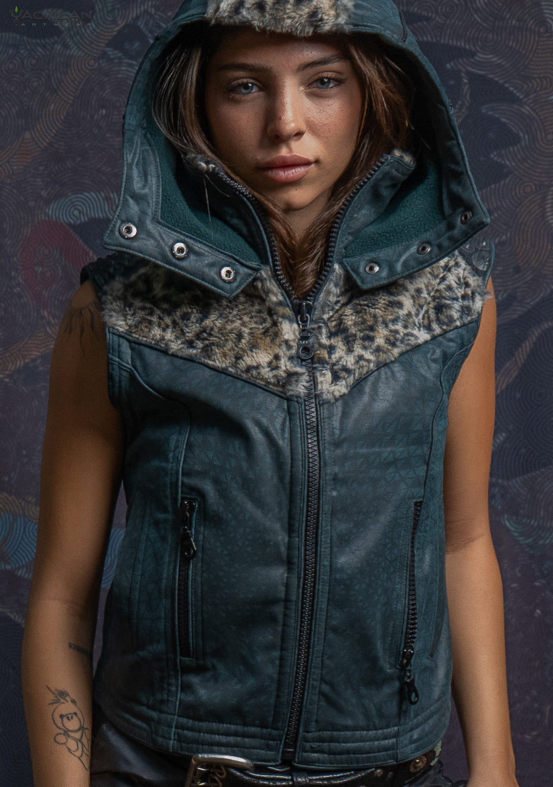 Hooded Sleeveless Jacket Woman / Fake Leather & Fur - Bottlegreen DESINTEGRATION Leopard