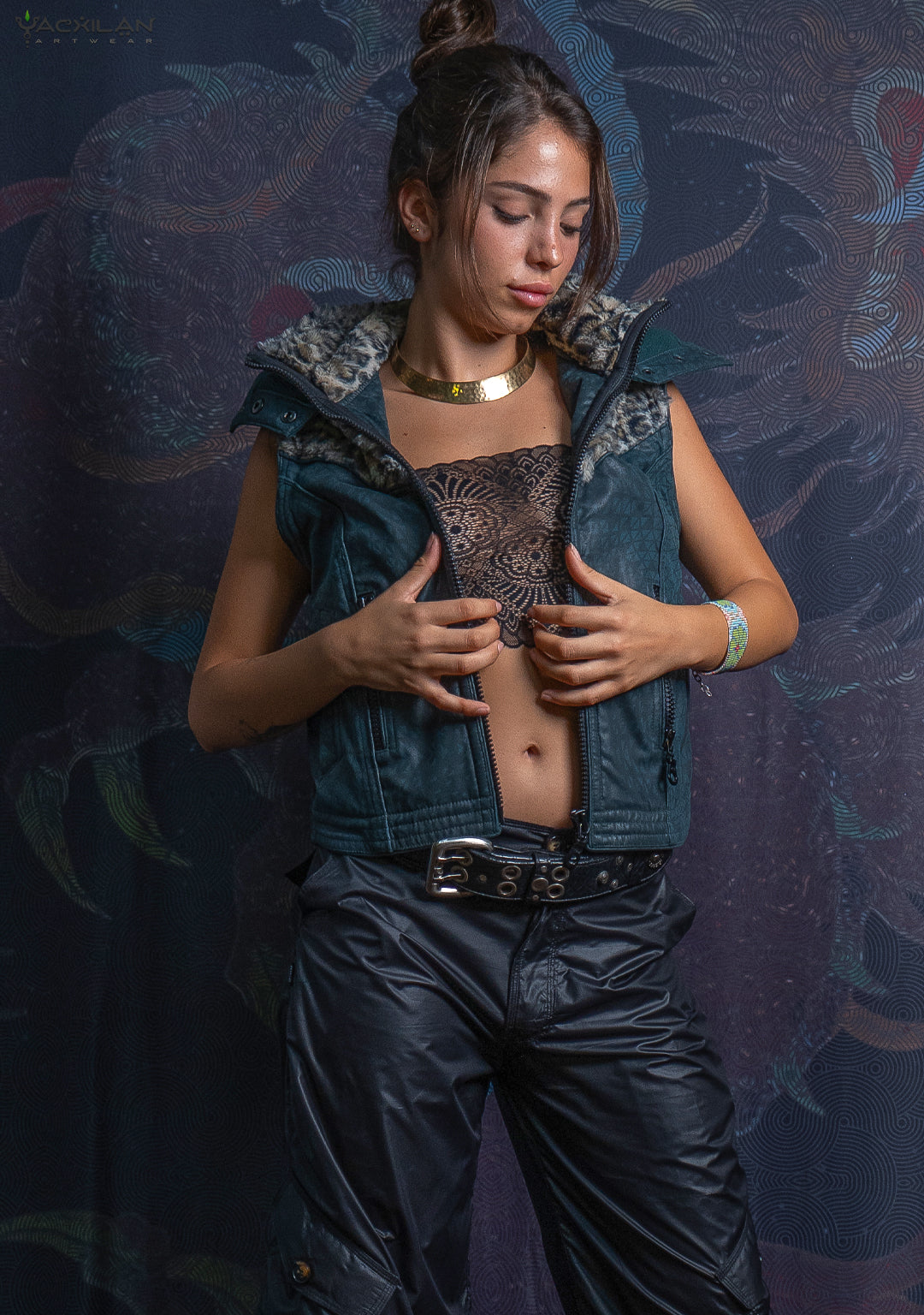 Hooded Sleeveless Jacket Woman / Fake Leather & Fur - Bottlegreen DESINTEGRATION Leopard