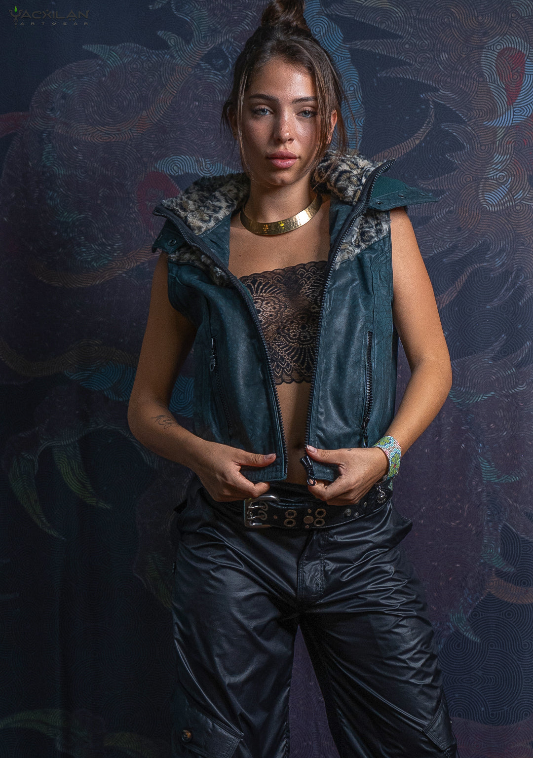 Hooded Sleeveless Jacket Woman / Fake Leather & Fur - Bottlegreen DESINTEGRATION Leopard