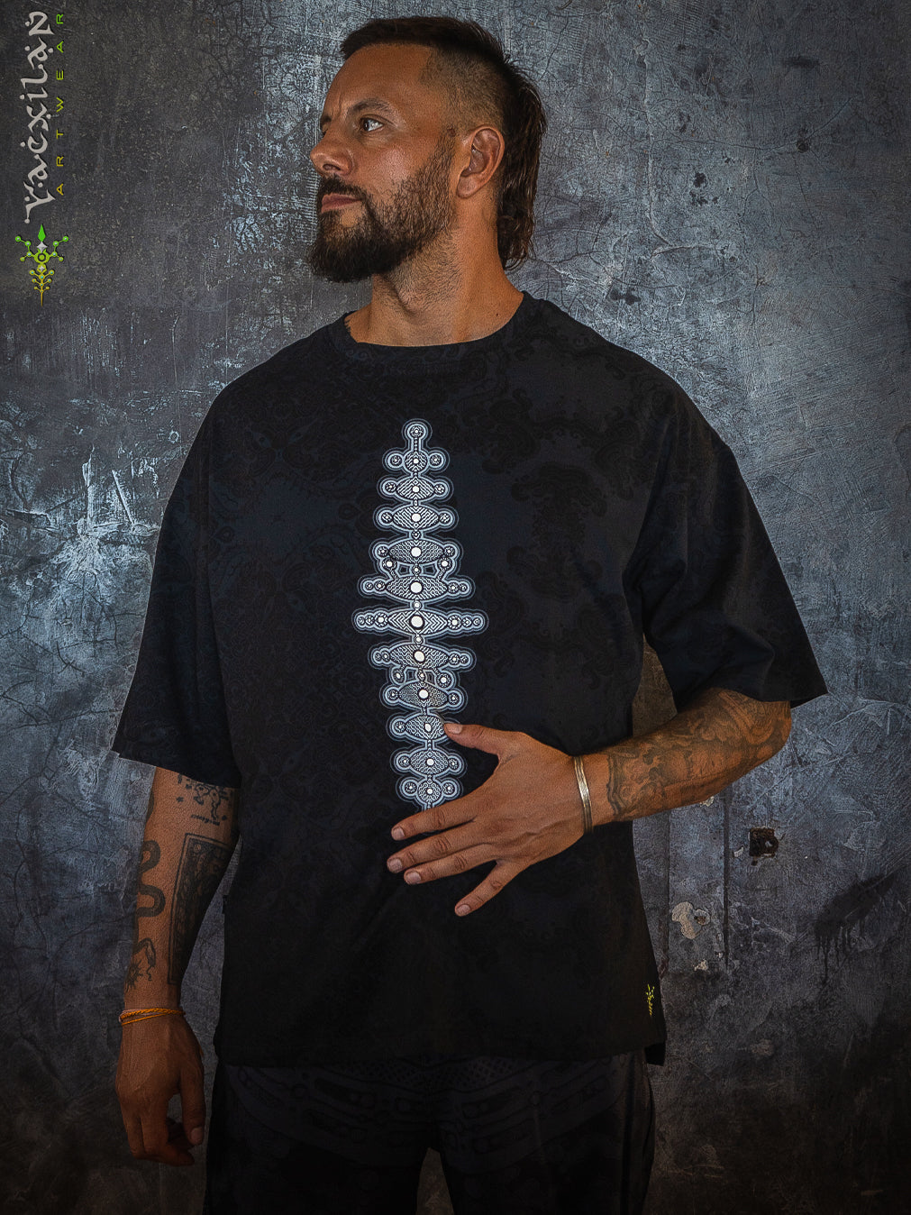 T-Shirt Oversized Men / Black Cotton Shinker - MAYAN CODEX Galactik Spine New