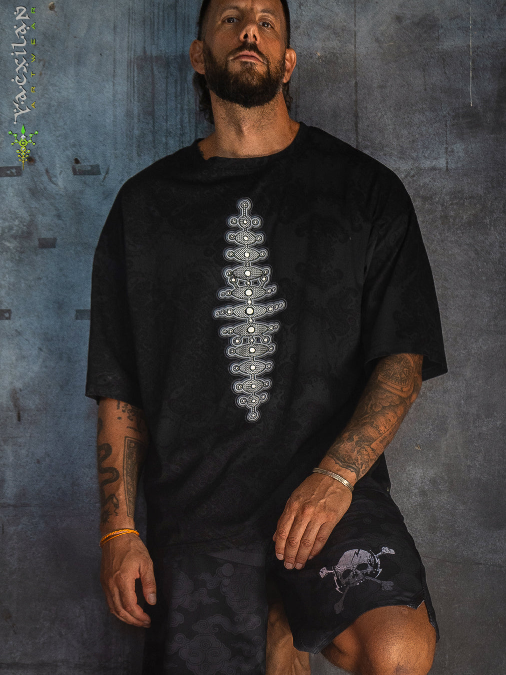 T-Shirt Oversized Men / Black Cotton Shinker - MAYAN CODEX Galactik Spine New