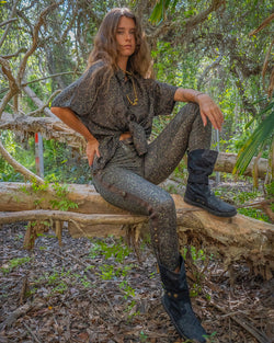 Fitted Pants Woman  / Organic Cotton Licra Fake Leather -  REBIRTH OF IKARO Forest