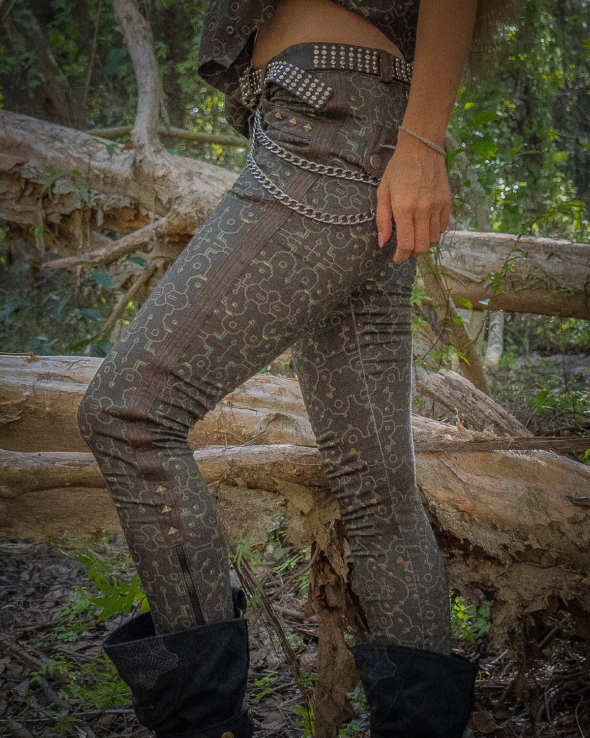 Fitted Pants Woman  / Organic Cotton Licra Fake Leather -  REBIRTH OF IKARO Forest