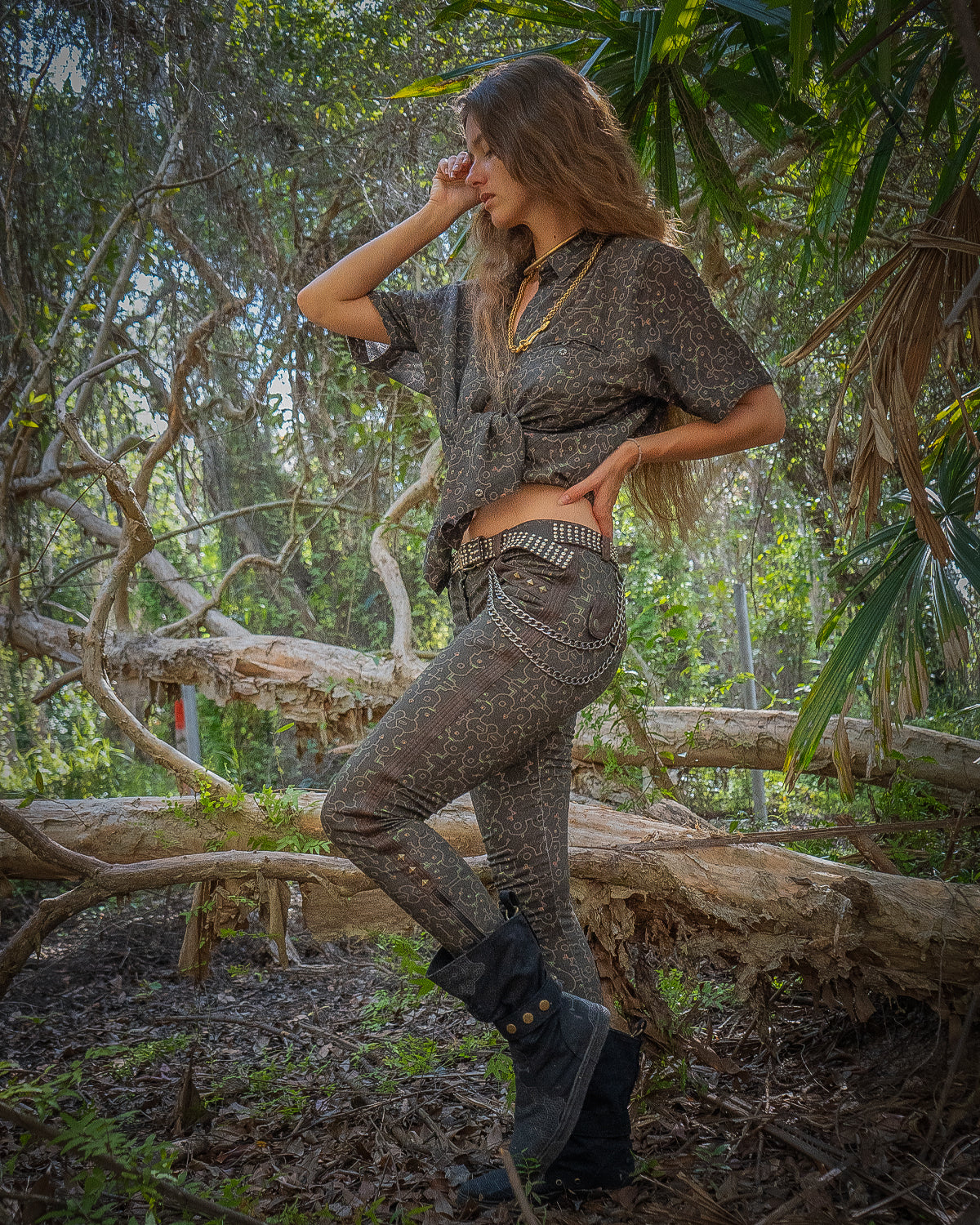 Fitted Pants Woman  / Organic Cotton Licra Fake Leather -  REBIRTH OF IKARO Forest