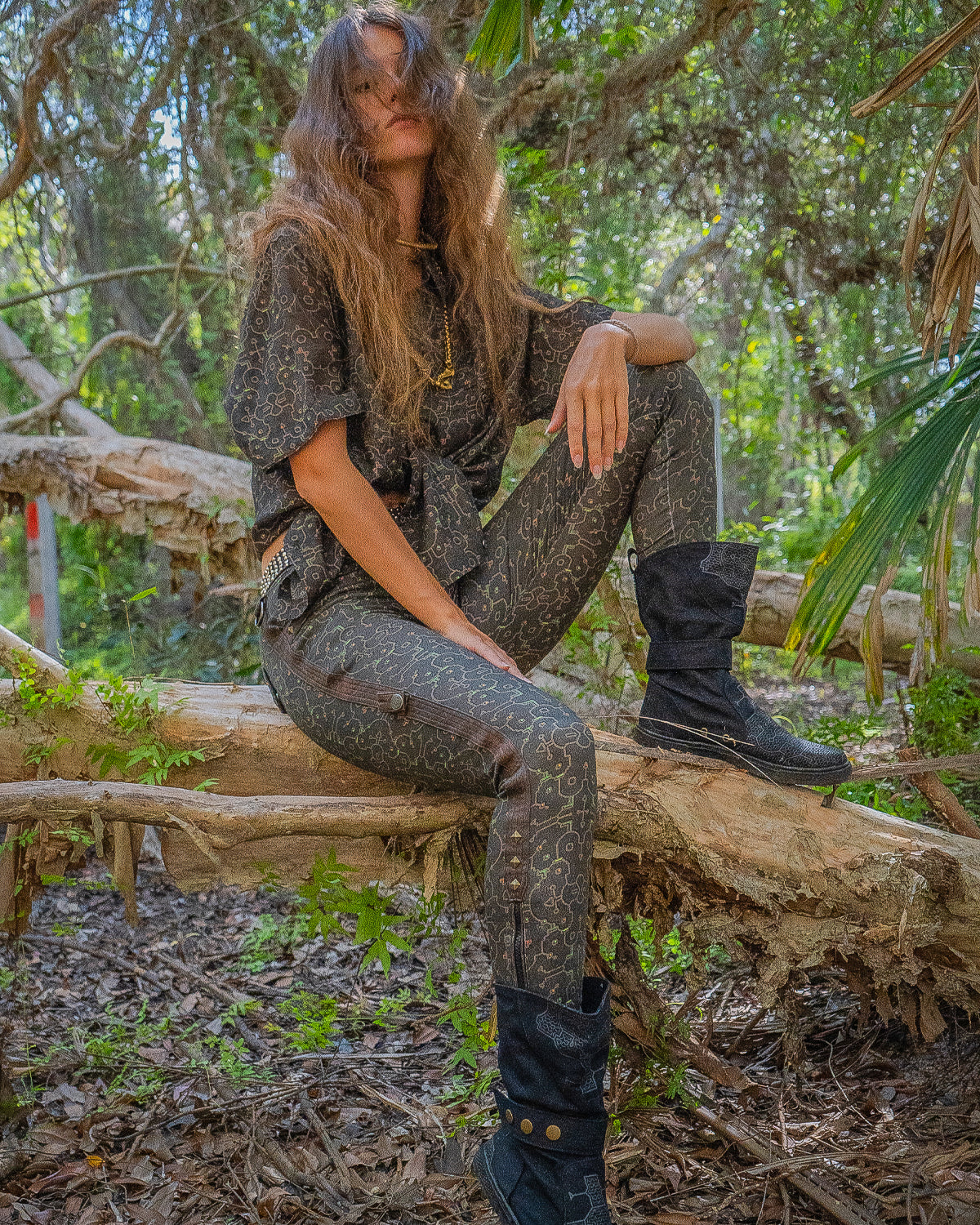 Fitted Pants Woman  / Organic Cotton Licra Fake Leather -  REBIRTH OF IKARO Forest