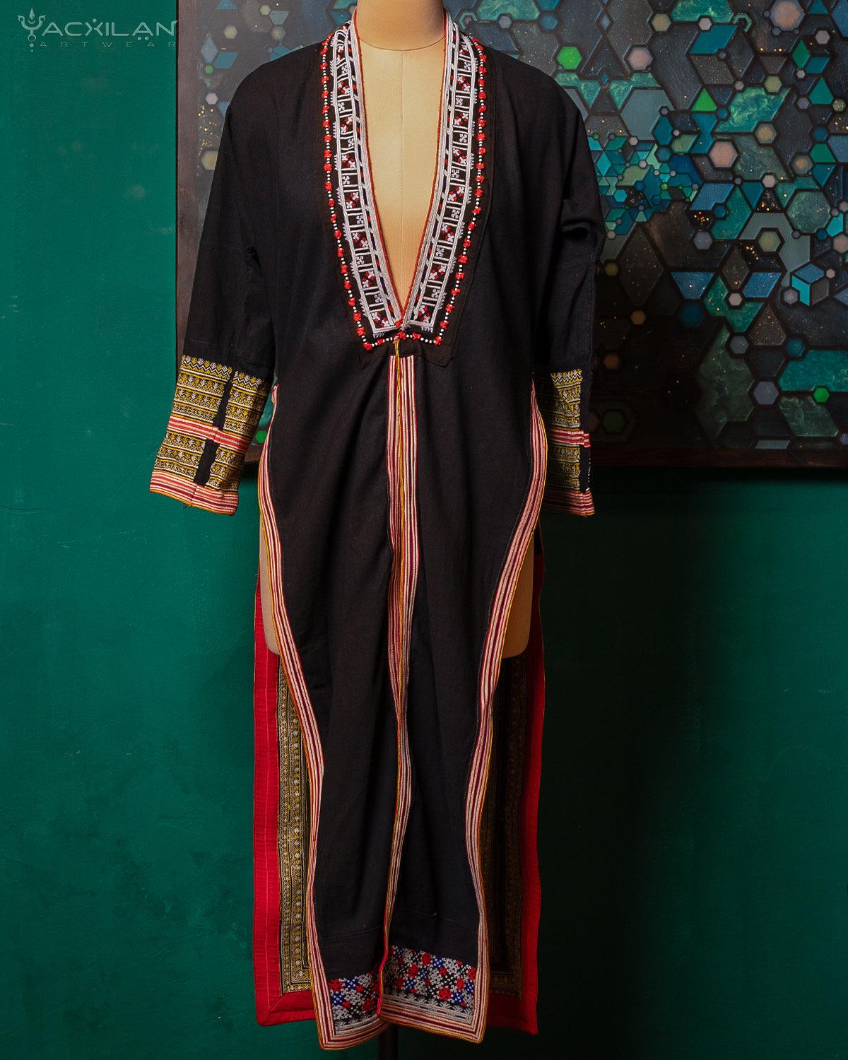 Kimono Long / Black Tribal Embroidery Unique Piece -CHANG MAI - Yacxilan Artwear
