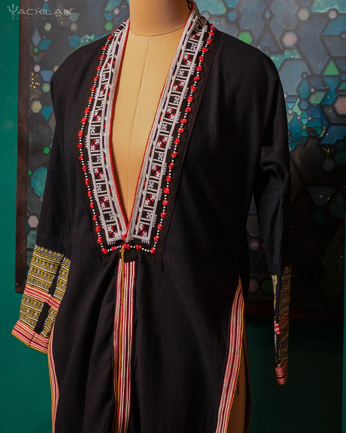 Kimono Long / Black Tribal Embroidery Unique Piece -CHANG MAI - Yacxilan Artwear