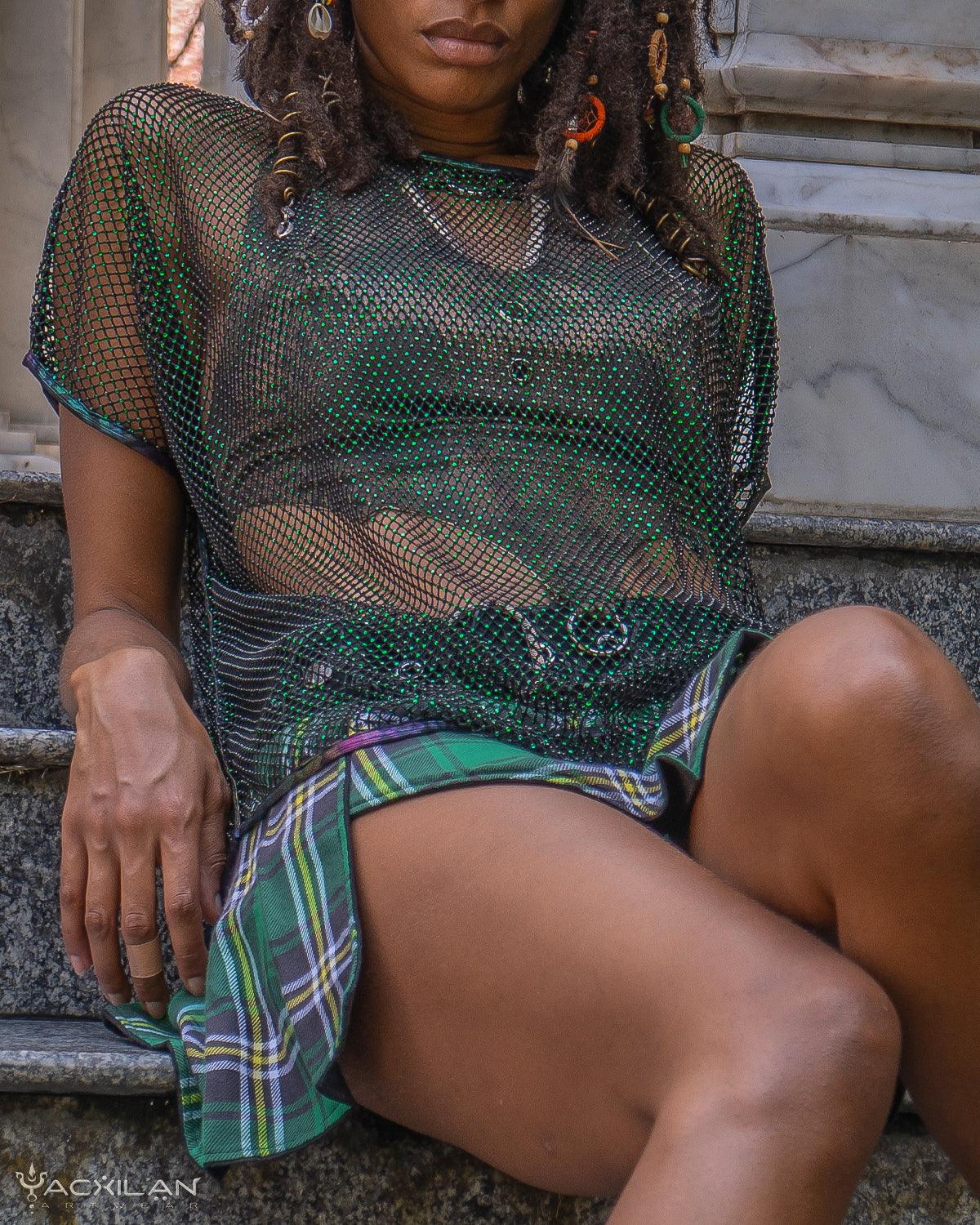 Wideneck Top / Rhinestone - Black MITHRIL EMERALD - Yacxilan Artwear