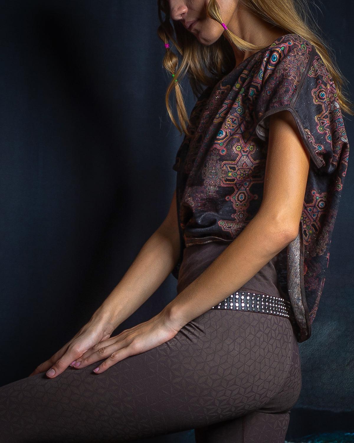 Long Leggings Woman / Bamboo Jersey Veg Dye Veg Print - Brown SANDSOTIME - Yacxilan Artwear